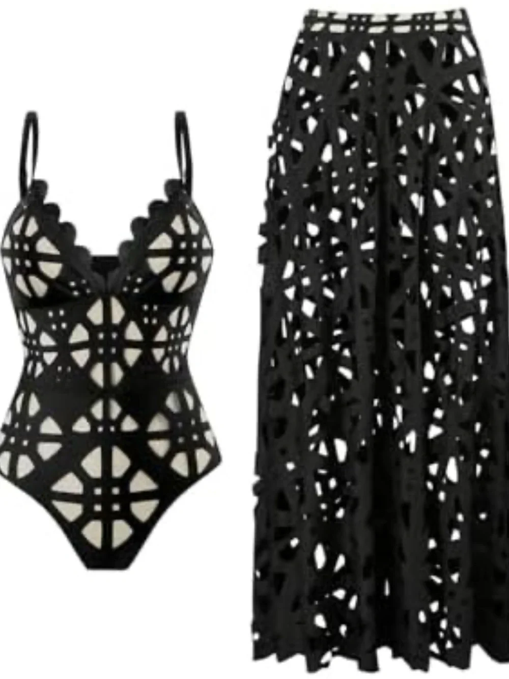 Black Laser-Cut Two-Piece Swim Set - Sculpted Bodysuit & Maxi Skirt